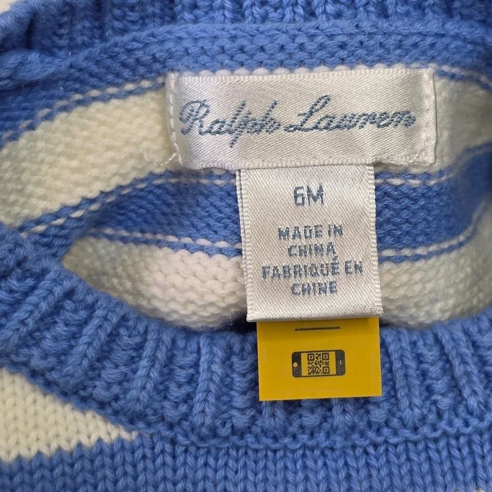 Ralph Lauren Size 6M‎ Baby Girls Blue White Stripe Cotton Sweater Heart Patch